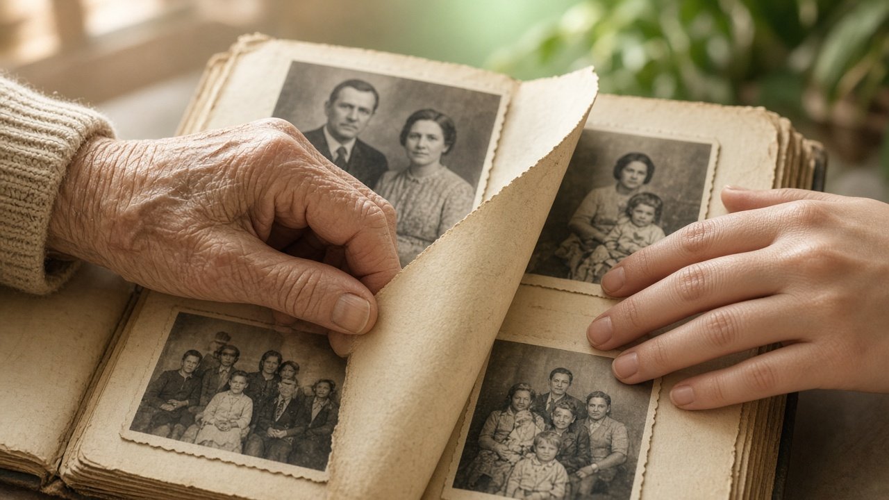 Hands turning the pages of an old family photo album in warm morning light