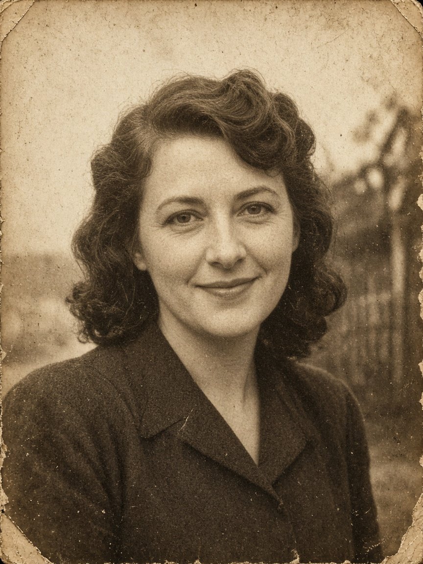 A faded old photograph of a woman from decades ago