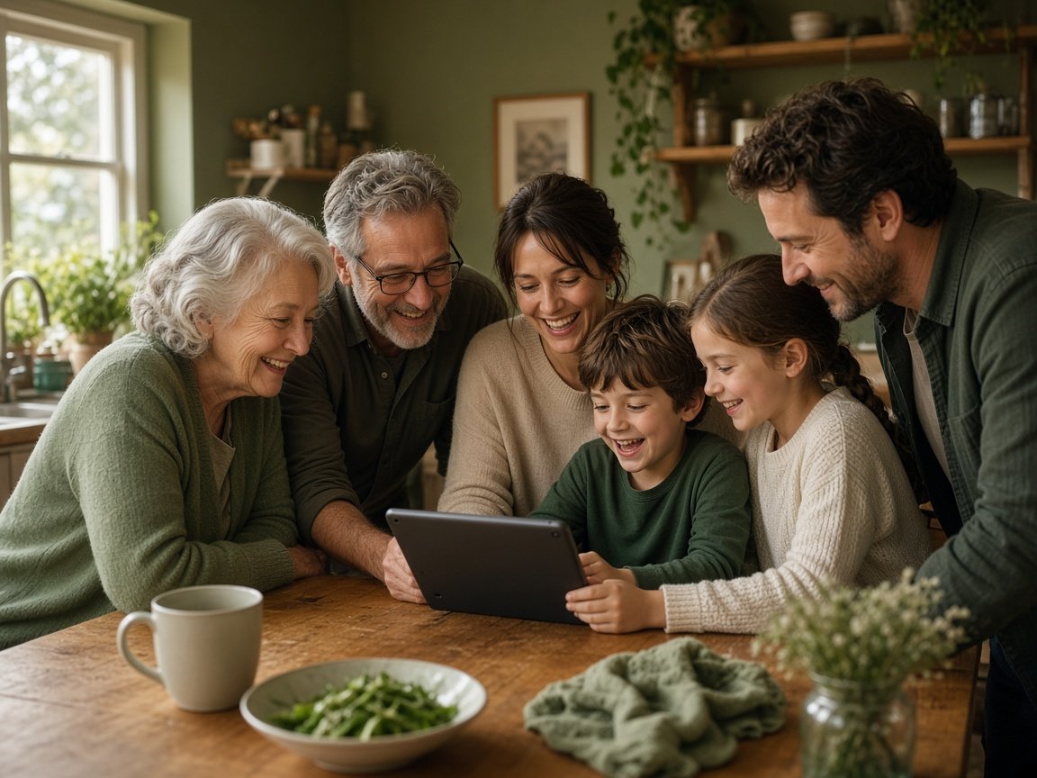 A multi-generational family gathered around a table looking at a tablet together